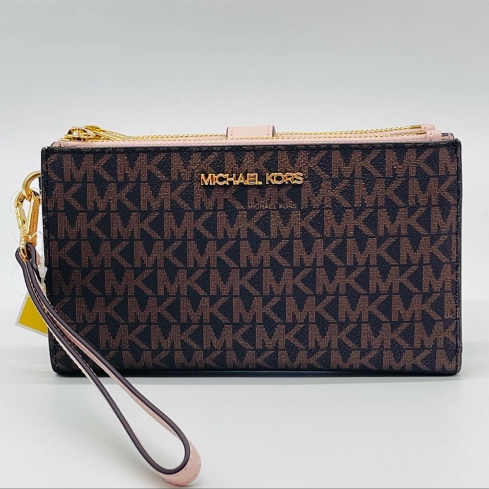 Michael Kors Large Double Zip Wallet Wristlet Leather Rich Brown/Light Pink - Picture 3 of 8